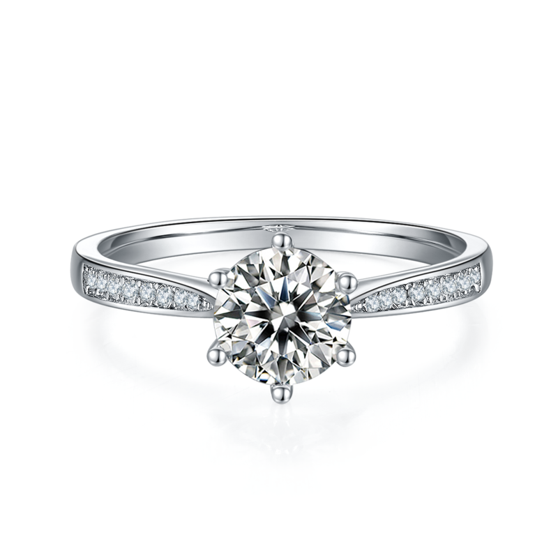 直臂微镶六爪S925银镀白金MoissaniteWomen's Ring1ctD级